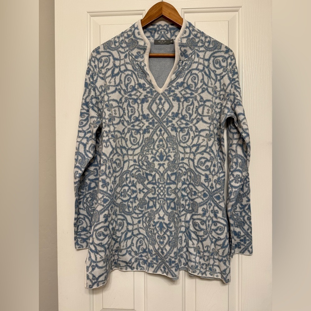 MFH Knit Women’s Sweater Geometric Pattern 100% Pima Cotton Blue & Cream Size XL